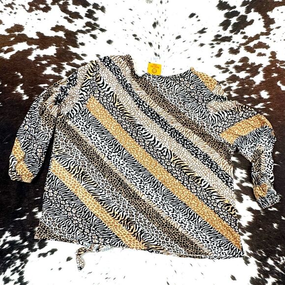 Ruby Rd. Soft Striped Animal Print Embellished Neck Side Drawstring Top Size L - Picture 3 of 5